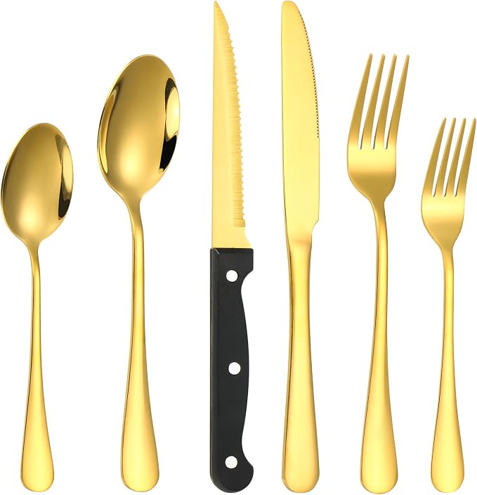 Lazycorner 53 Piece Gold Silverware Set for 8, Flatware Set with Steak Knives for 8 and 5 Public Serving Use Set 18/10 Stainless Steel Utensils Set Cutlery Set For Restaurant Hotel Dishwasher Safe