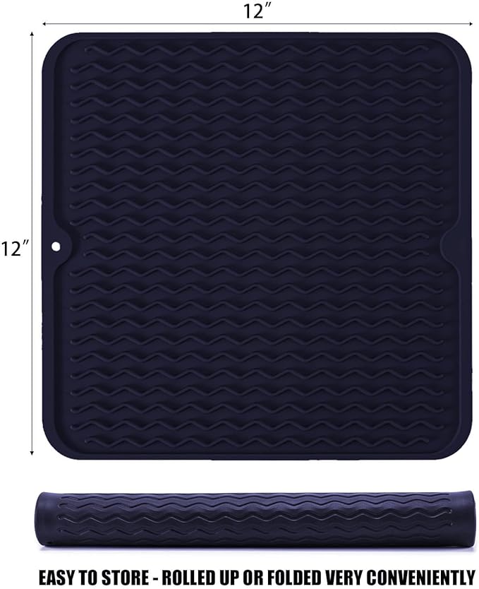 Silicone Dish Drying Mat, Non-Slip Easy Clean Sink Mat, Dark Blue, 12"x12" | Quick-Dry Ridges, Large Heat-resistant Dish Drainer Mat for Kitchen Counter, Hangable & Roll-Up for Storage, Dishwasher Safe