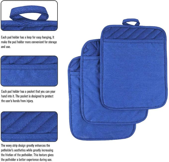 Anyi Pot Holders for Kitchen Heat Resistant, Cotton Hot Pads for Counter Table, Blue Kitchen Pot Holders with Pocket