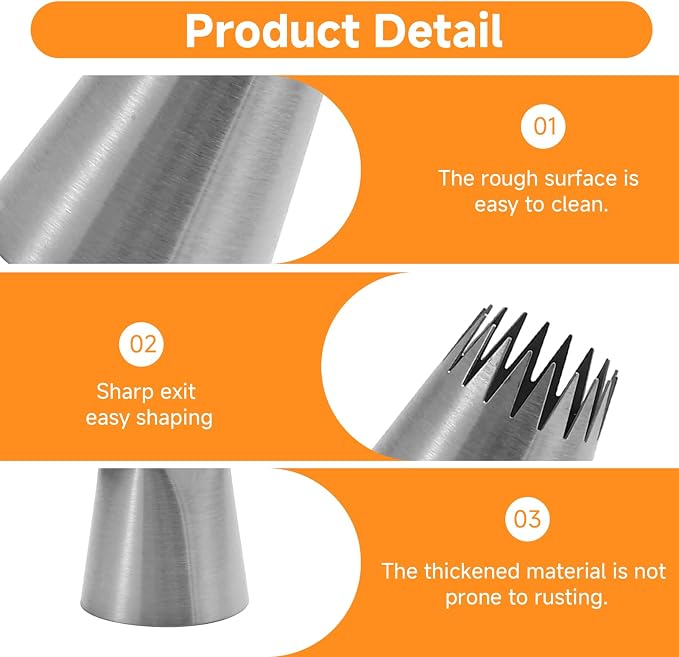 5 Pcs Large Piping Tips Set with Coupler, Stainless Steel Frosting Tips for Cake Decorating, Extra Large Pastry Nozzles for Cupcakes, Cookies, Churros, Eclairs, Meringue and Baking(F02/F06/9FT/R22L)