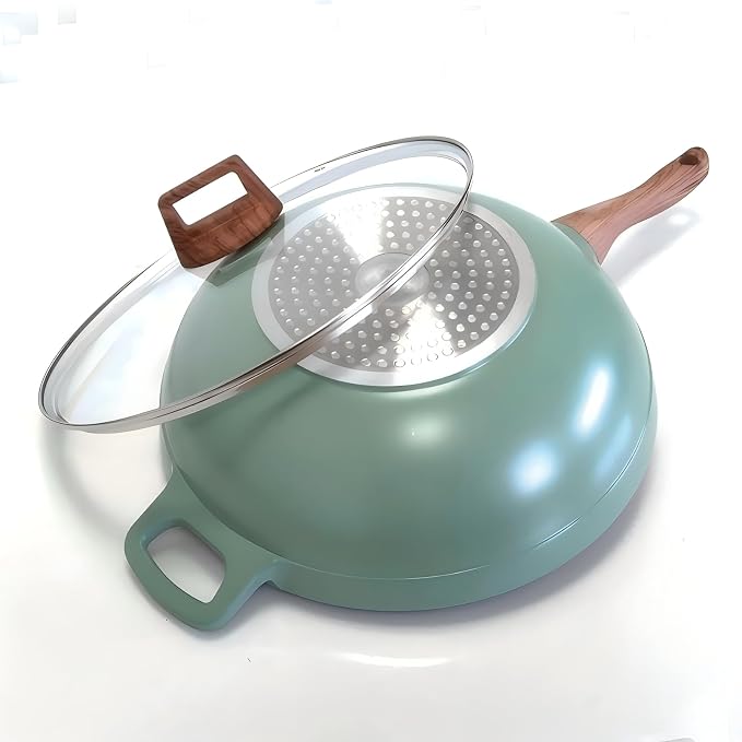 Nonstick Wok with Lid, Die-Cast Aluminum Deep Frying Pan, Skillet for Cooking, Induction Cookware, Emerald Green, 12.5 Inch