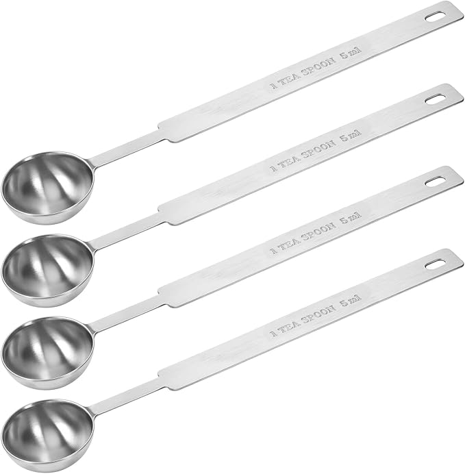 4 Pcs Teaspoons Measuring Spoon, 5 Gram Scoop, Stainless Steel Measuring Spoons, 1 Tsp (5 mL, 5 cc, 1/6 oz, 1/3 Tablespoon), Dishwasher Safe, Metal Measurings Spoons for Cooking & Baking