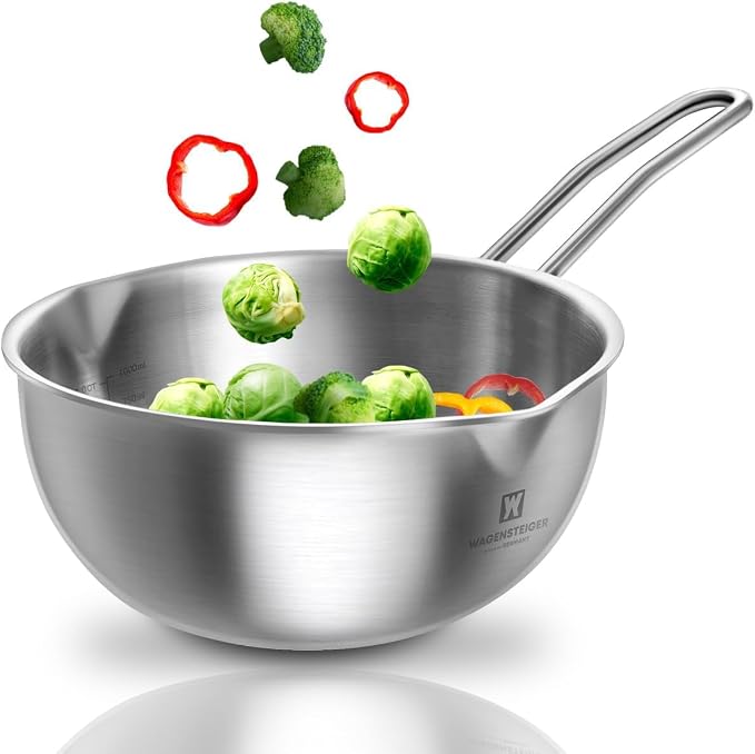 WAGENSTEIGER Mini Wok 200mm Stainless Steel, 3-Ply Aluminum Core Base, Induction Compatible Small Wok Pan, Ramen Pot for Camping & Outdoor Cooking