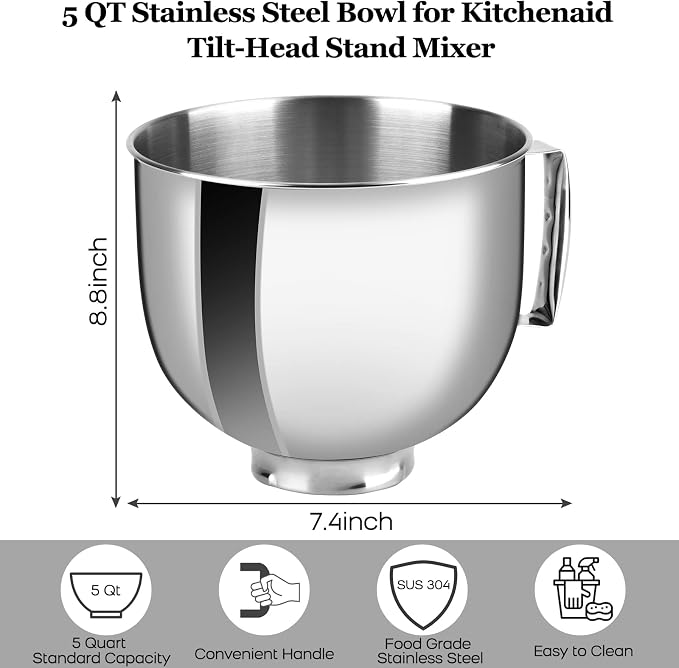 Stainless Steel Bowl Compatible with Kitchenaid Mixer 4.5/5QT，With Grey Lid,5 Quart Stainless Bowl for Kitchen Aid Mixing,With Green Lid