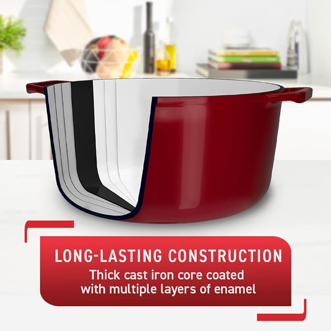 T-fal Cast Iron Enameled Dutch Oven 6 Quart Induction Oven Broiler Safe 500F Pots and Pans, Cookware Red