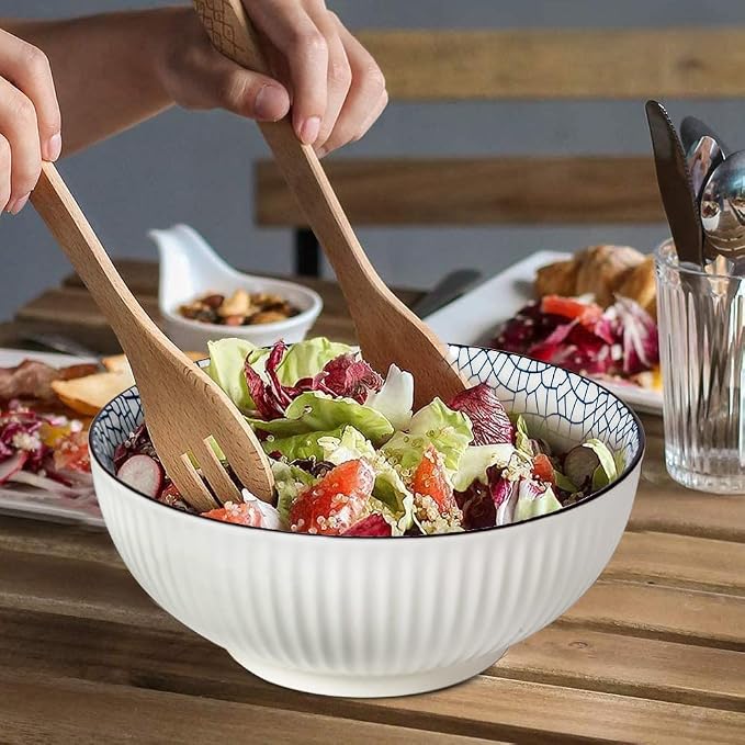 Houlu 60 oz Pho Bowls, Large Soup Bowl, Japanese Ramen Bowl Set, 8 inches Big Porcelain Bowls Set of 3, Striped Pattern