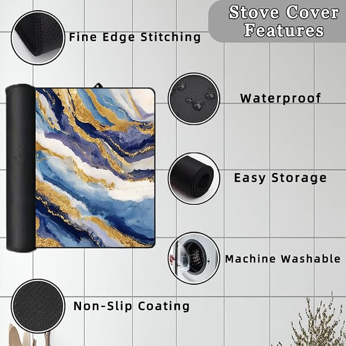 Blue Golden Marble Glass Stove Top Cover Protector,Heat Resistant Range Ceramic Stove Top Covers Mat,Abstract Pattern Cooktop Protector,Beautiful Glass Cooktop Protector