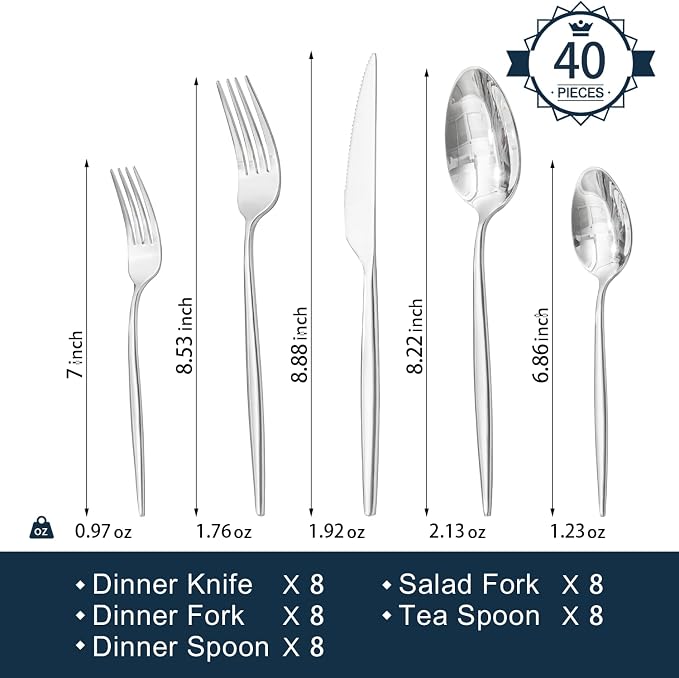 18/10 Silverware Set for 8, 40 Piece Stainless Steel Flatware Cutlery Set | KINGSTONE Mirror Polished Forks Knives Spoons Utensils, Tableware for Home Kitchen Restaurant Wedding, Dishwasher Safe