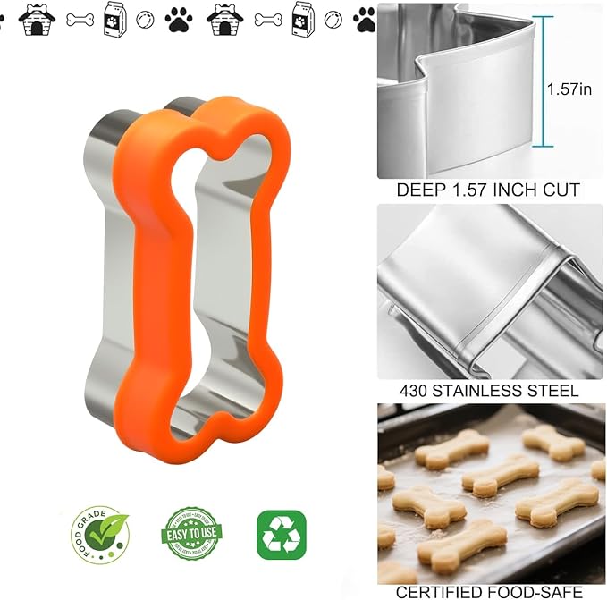 Dog Bone Shape Cookie Cutter Set, 3 Pieces - 4.45'', 2.95'', 1.53'' | Stainless Steel Dog Treats Cutters with Removable PP Covers, Safe for Kids, Diswasher Safe, Can Cut Thick Dough