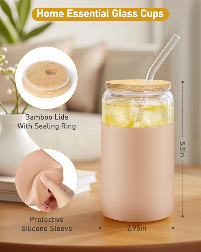 Glass Cups with Lids - 16 oz Glass Drinking Cups Set with Silicone Sleeves | Anti-Slip, Bamboo Lids, Iced Coffee Cup, Home Essential, Coffee Bar Accessories, Glass Tumbler, Reusable, Matcha Cup