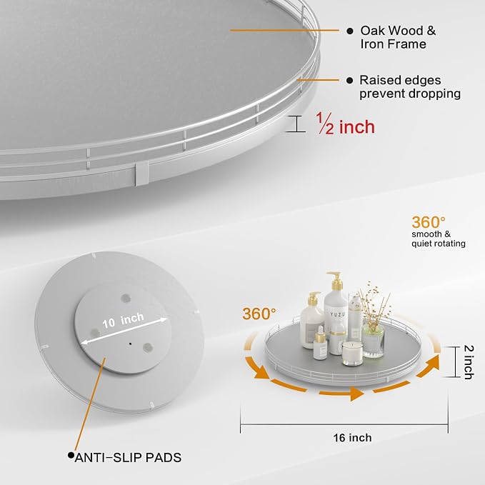 Oroyutor 16-Inch Oak Lazy Susan Organizer with Silver Iron Rail | Oak wood base, silver iron rail and smooth 360-degree rotation for dining tables, kitchen counters and spice storage.