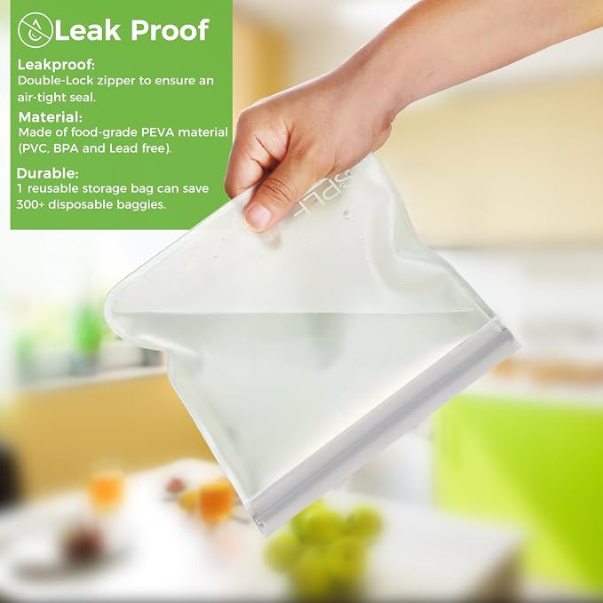 SPLF 10 Pack Reusable Sandwich Bags Dishwasher Safe, Gray | Reusable Quart Freezer Bags, Extra Thick Leakproof Food Storage Bags Silicone Free for Marinate Meats, Cereal, Lunch, Travel
