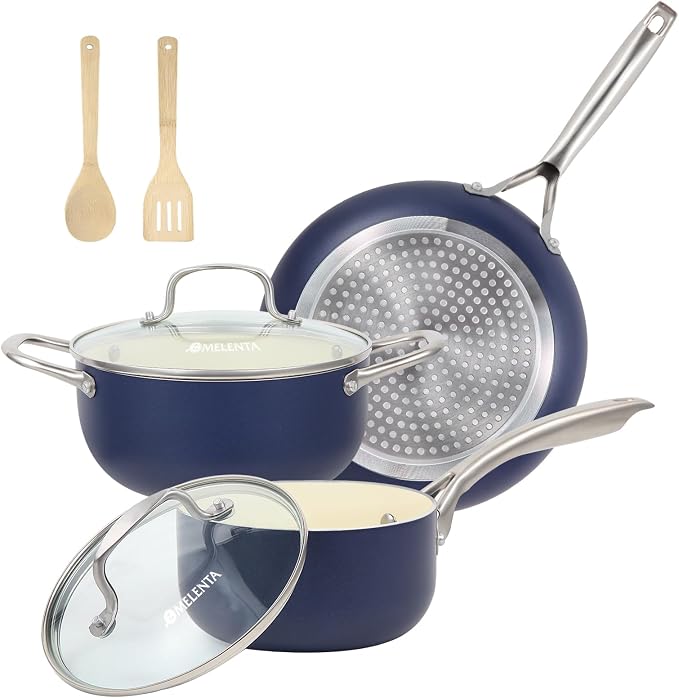 M MELENTA Pots and Pans Set 7 piece, Non Stick Blue Ceramic Cookware Set | Compact Starter Cookware, Nonstick Pots and Pans Set, Induction Cookware, Kitchen Cooking Set, Oven Safe, PFAS & PFOA Free