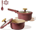 CAROTE 2.0Qt & 3.0Qt Titanium Nonstick Reinforced Sauce Pan Sets with Lid, Non-Stick Saucepans Cookware Set with Pour Spout with Detachable Handle, PFOS, PFOA Free, Induction Comptable, Burgundy