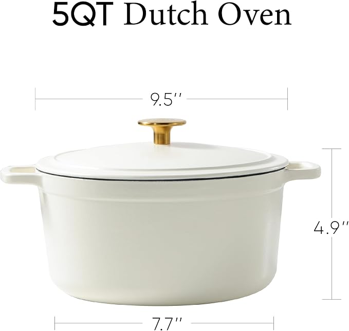 CAROTE 5QT Cream White Enameled Cast Iron Dutch Oven Pot with Lid | Used for Sourdough Bread Baking, Braising, Healthy Non Toxic Cookware Dual Handles, Oven Safe up to 500° F