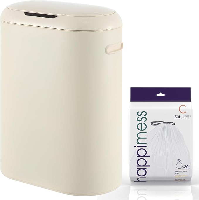 happimess 13.2 Gal Oval Motion Sensor Trash Can, Limestone Beige | Oval, Motion Sensor, Touch Mode, Soft Close Lid, Powder Coated Iron, 17.7" W x 9.84" D x 24.2" H