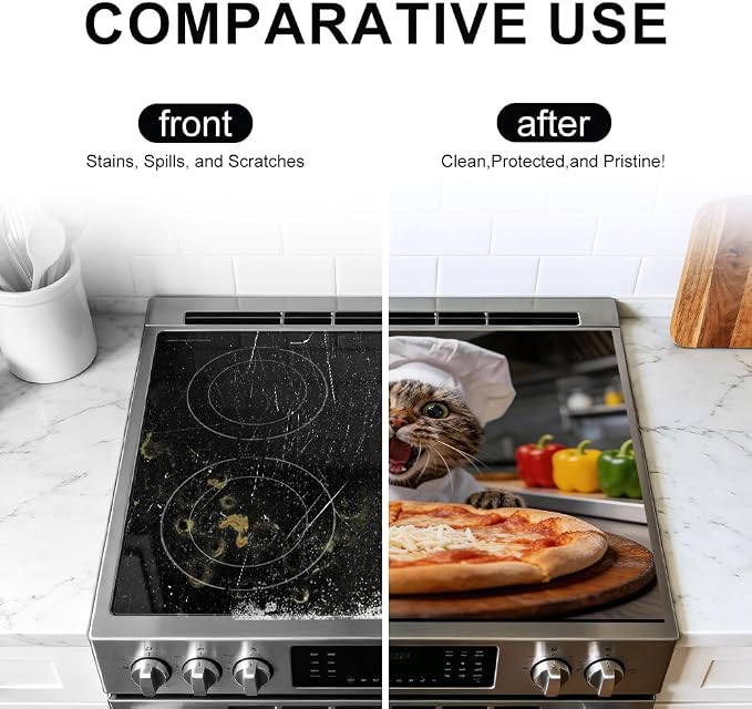 Funny Cat Pizza Stove Top Cover for Electric Stove, 28x20 In Mat | Heat-resistant non-slip mat holds hot cookware; glass cooktop protector, dish drying; kitten cheese cat lover kitchen decor