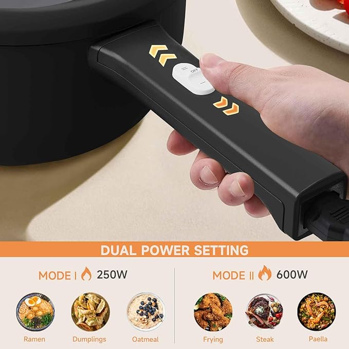 Dezin 2L Hot Pot Electric, Non-Stick Electric Pan, 700W Adjustable Power | Electric Pot for Cooking/Steak/Egg/Fried Rice/Ramen/Soup, Portable Pot for Dorm/RV/Family/Travel/Camping, Include Spatula