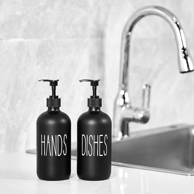 COHOSEGE Glass Soap Dispenser Set 2 Pack,Contains Hand and Dish Soap Dispenser.Premium 16 Oz Black Kitchen Soap Dispenser Set for Kitchen Sink and Farmhouse Decor