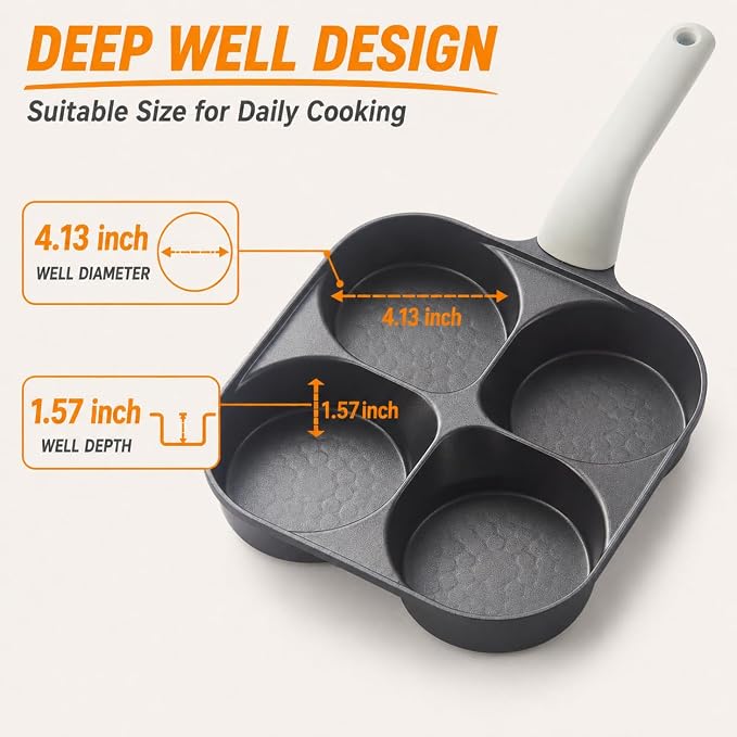 Nkove 4 Cup Egg Pan, Nonstick Breakfast Pan with 4 Holes for Pancakes | 4 Compartment Skillet for Eggs, Omelets & Pancakes, Nonstick Frying Pan for Breakfast Sandwiches, Gas & Induction Compatible