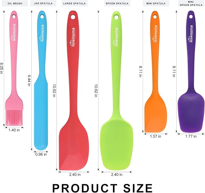 NileHome Silicone Spatula Set, 6 Pieces Food Grade Kitchen Utensils Heat Resistant Up to 600°F Dishwasher Safe BPA-Free Rubber Spatula for Scraping, Baking, Cooking, Mixing-Multicolor