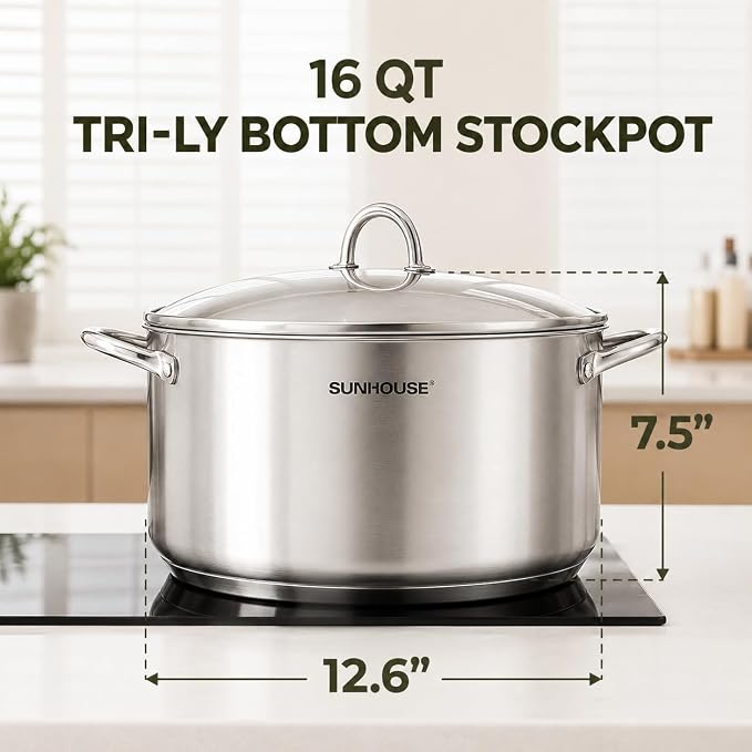 SUNHOUSE 16 Quart Stock Pot with Lid, Stainless Steel Large Pot for Cooking | 16QT Big Pots for Pasta, Soup - Stockpot for Canning, Seafood Boil with Impact Bonded Base - Oven Safe & Induction Compatible
