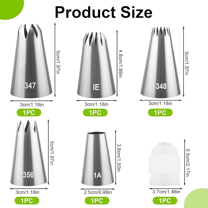 6 Pcs Large Piping Tips Set, Stainless Steel Frosting Piping Kit with 25mm Coupler, Cake Decorating Tips for Cupcakes Cookies Buttercream Flowers Pastry and Baking (1A/1E/347/348/356)