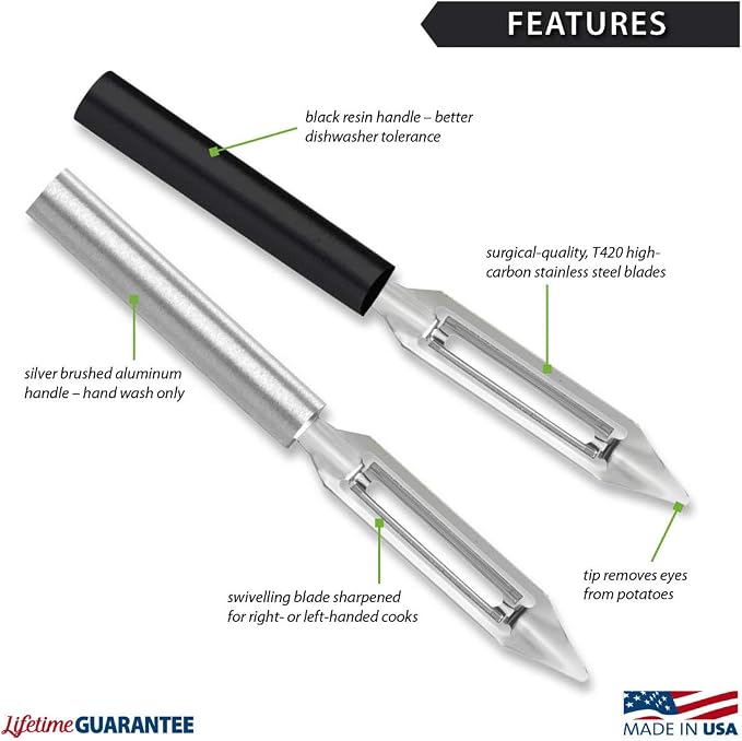 Rada Cutlery Vegetable Peeler (W232), Black Handle, Pack of 2 | 1.75" Stainless Steel Swiveling Blade, Black Resin Handle
