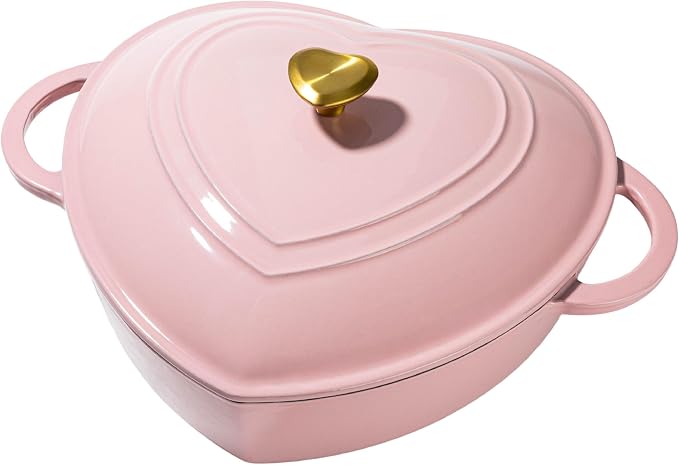 Paris Hilton Enameled Cast Iron Braiser, Heart-Shaped Skillet with Lid, Superior Heat Retention Casserole, Stovetop and Oven-to-Table, 3.5-Quart, Pink
