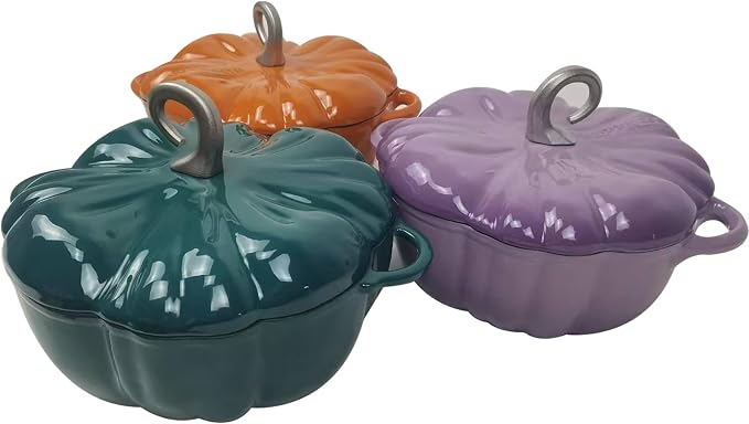 Pumpkin Cocotte Cast Iron Dutch Oven With Lid - Non-Stick Cooking Pot for Stew and Soup - Serves 3-5 - Halloween Thanksgiving Decor Gift (Purple)