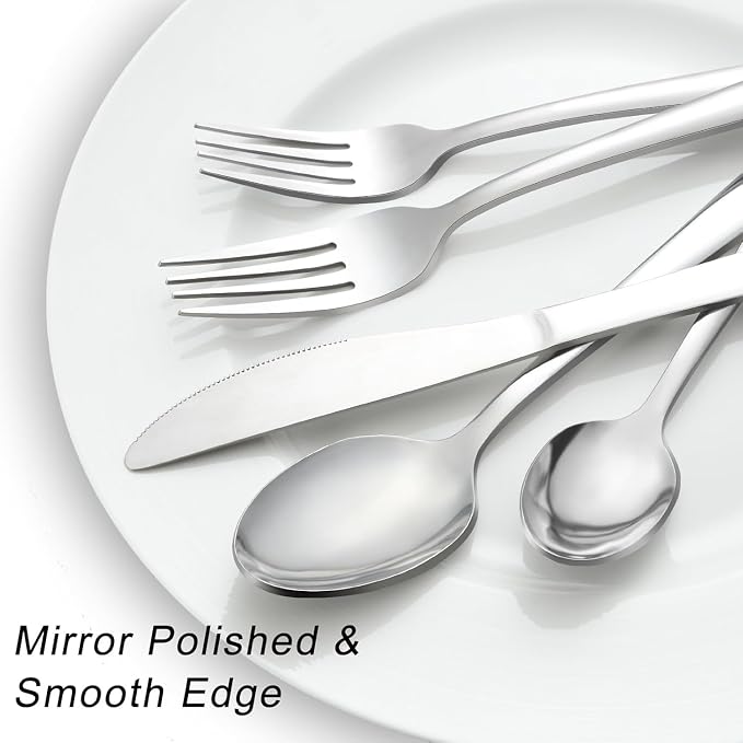 Pleafind 24-Piece Silverware Set - Stainless Steel Cutlery Set with Steak Knives, Forks, Spoons and Knives, Flatware Set for Home or Restaurant Use, Mirror Polished & Dishwasher Safe