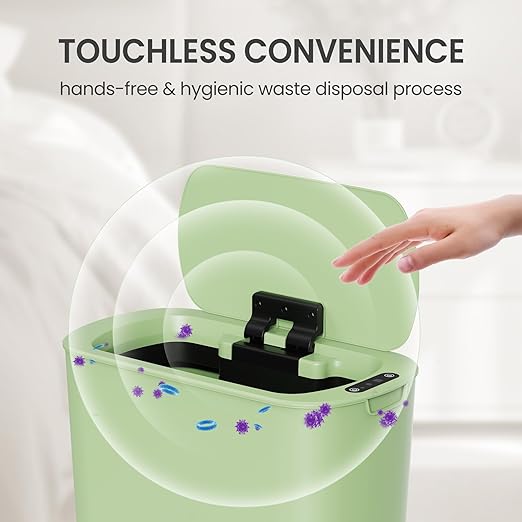 Cesun 5 Gallon Automatic Bathroom Trash Can with Lid, Green, Touchless | Motion Sensor, Slim, Small Smart Garbage Bin, Plastic, Battery Operated, Manual Button, for Office/RV/Bedroom/Living Room