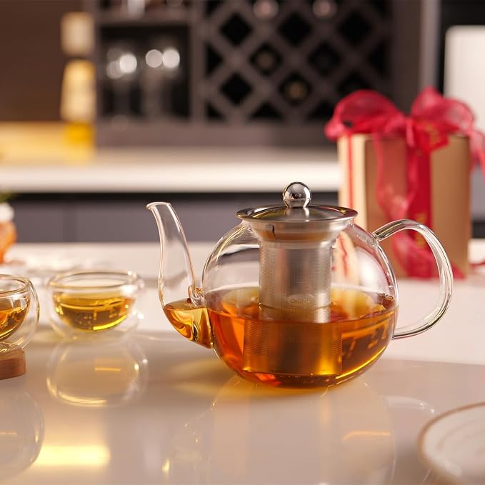 CNGLASS 600ml Glass Teapot with Removable Infuser,Clear Tea Kettle Stovetop Safe,Blooming and Loose Leaf Tea Maker