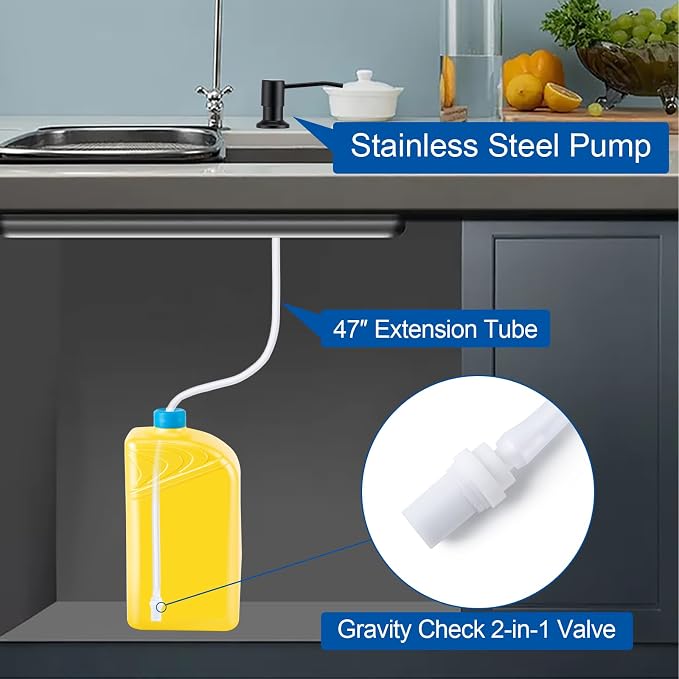 Soap Dispenser for Kitchen Sink, Countertop/Built in Dish Soap Dispenser | Sink Soap Dispenser with Stainless Steel Pump and 47" Silicone Extension Tube Kit, No Need to Frequent Refills-Matte Black