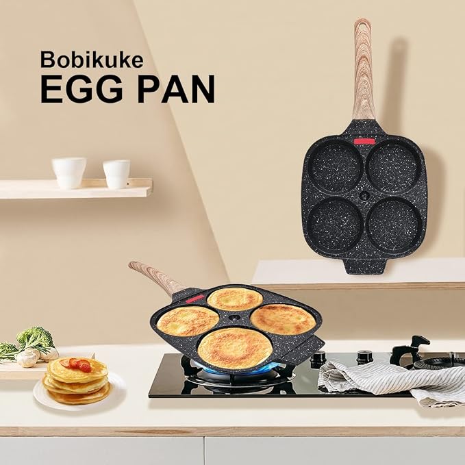 4-Cup Egg Pan Nonstick, Egg Frying Pan with Lid Pancake Pan-Black | Omelet Pan Induction Compatible for Breakfast