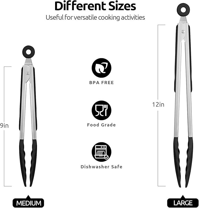 U-Taste Kitchen Tongs for Cooking, 600ºF Heat-Resistant Silicone, 2Pc/Black | Tong Utensils Set 9/12in, Salad/Grill/BBQ Plastic Tong for Food Serving, Rubber Tipped Tong with 18/8 Stainless Steel Handle