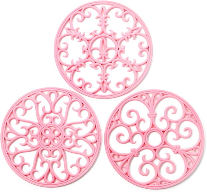 Silicone Trivet Mat - Non-Slip & Heat Resistant Kitchen Pads for Countertops & Table - Trivets for Hot Dishes & Cookware - Pot Holder for Pots & Pans - Pink, Set of 3