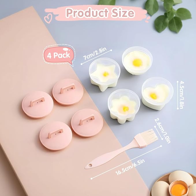 Egg Poacher Cups, 4 Pcs Poached Egg Cooker, BPA Free, Pink | 4 Shapes Reusable Egg Molds with Lid and Oil Brush Egg Coddler, Nonstick Egg Poaching Cups for Boiled Eggs Without Shell