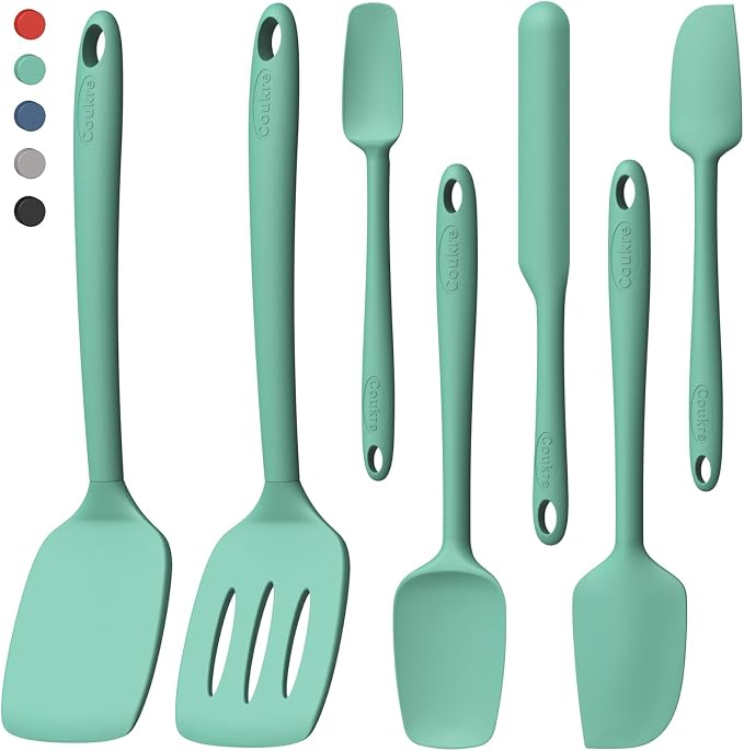 Coukre Silicone Spatula Set of 7, BPA Free Food Grade Silicone Cooking Utensils, Heat Resistant Kitchen Tools for Nonstick Cookware, Dishwasher Safe Spatulas for Cooking and Baking（7,PureAquaGreen）