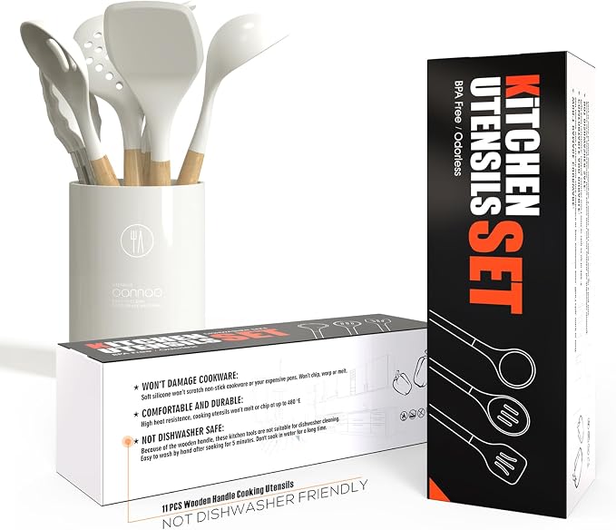 oannao Silicone Cooking Utensils Set - 446°F Heat Resistant Silicone Kitchen Utensils for Cooking,Kitchen Utensil Spatula Set w Wooden Handles for Non-Stick Cookware, BPA FREE (Cream White)