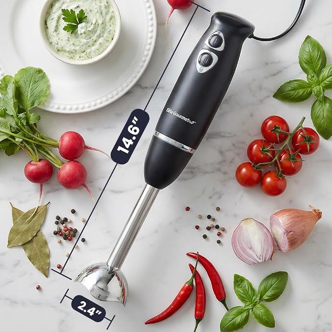 Elite Gourmet EHB1015 Immersion Hand Blender, 500W, 2-Speed, Black | Stainless steel blades, detachable wand stick mixer - great for smoothies, baby food, and soup