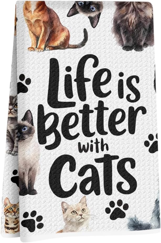 Jztco Cute Cat Kitchen Towels, Floral Cats Gifts Reusable Hand Towels | Cat Lover Gifts for Women Mom, Waffle Dish Towels for Kitchen Home Bathroom Decor 24x14 Inch