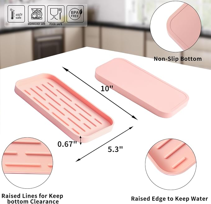 MicoYang Silicone Kitchen Sink Organizer Tray for Multiple Usage,Easy Clean,Eco-Friendly Sponges Holder for Kitchen Bathroom Counter or Sink,Dish Soap Dispenser,Scrubber,Bottle,Cup Pink 10”x 5.3”
