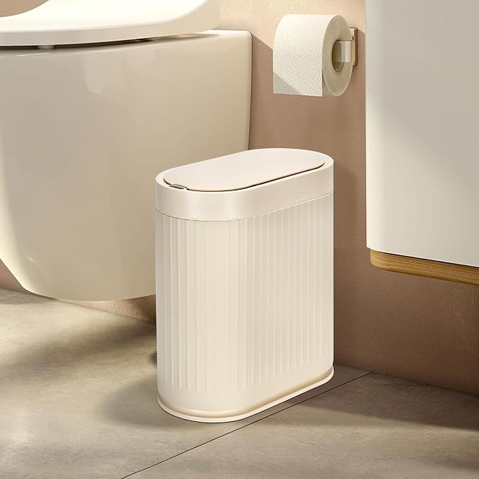ELPHECO Bathroom Trash Can with Lid,Slim Smart Garbage Can 2 Gallon Beige | Plastic Wastebasket, Narrow Garbage Bin, Waterproof Bathroom Decor for Bedroom