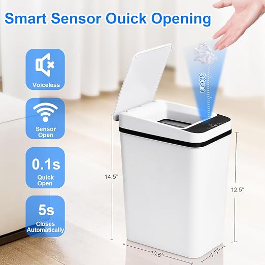 Anborry Bathroom Trash Cans with Lid Touchless Automatic Motion Sensor 4 Gallon Small Garbage Can, Smart Electric Plastic Narrow Garbage Bin for Living Room Bedroom Office Kitchen (White)