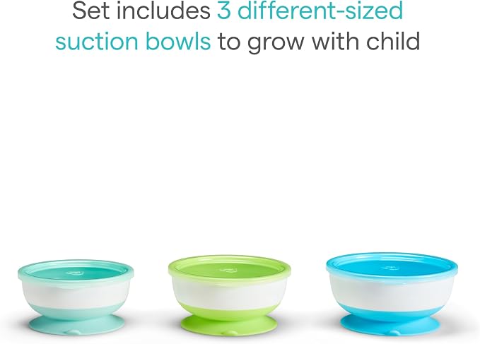 Munchkin Stay Put Suction Baby Bowls with Lids - Dishes for Babies and Toddlers, Self-Feeding Bowl Set for Kids 6+ Months, 3 Pack, Blue/Green