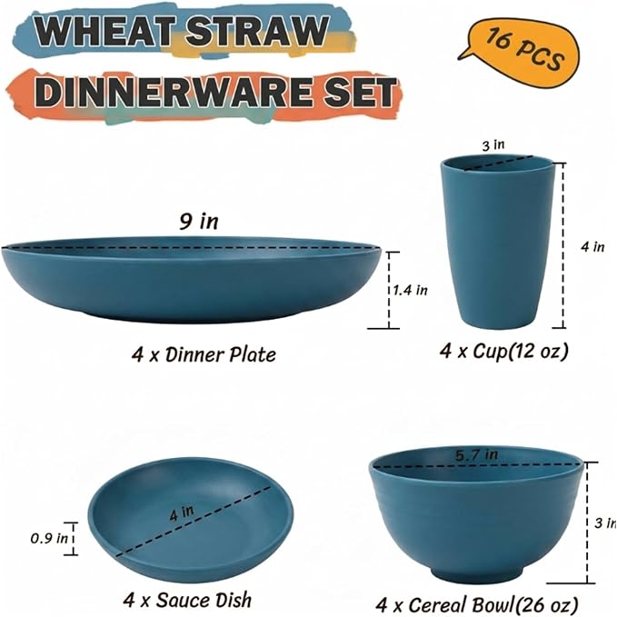 16 PCS Wheat Straw Plates and Bowls Sets,Kids Dishes Dinnerware Sets for 4,Unbreakable Kitchen Plates and Bowls Set for Travel Dishwasher & Microwave Safe Lightweight Dishes Set - DeepBlue