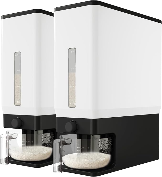 Lifewit Rice Dispenser 25 Lbs, Airtight Storage with Cup, 2 Pack Black | BPA-Free 11.3kg Capacity Storage Container for Beans, Corn & Other Small Grains, One-Press Dispensing Bin for Kitchen Pantry