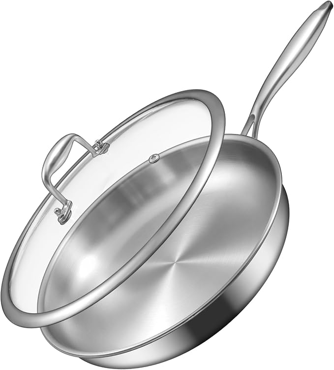 EWFEN 12 Inch Tri-Ply Stainless Steel Frying Pan, Compatible with All Cooktops Up to 600℉, Large Frying Pan with lids, Induction-Ready Skillet, Dishwasher and Oven Safe, Even Heat, 12" Skillet + Lid