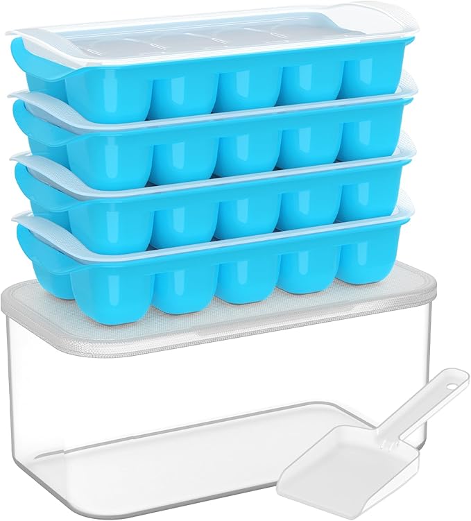 DOQAUS Ice Cube Tray with Lid and Bin, 4 Pack Ice Bucket Kits for RV | Stackable Silicone Ice Trays for Freezer, Easy Pop Out, BPA Free for Cocktail, Coffee, Soup, Food, Kitchen